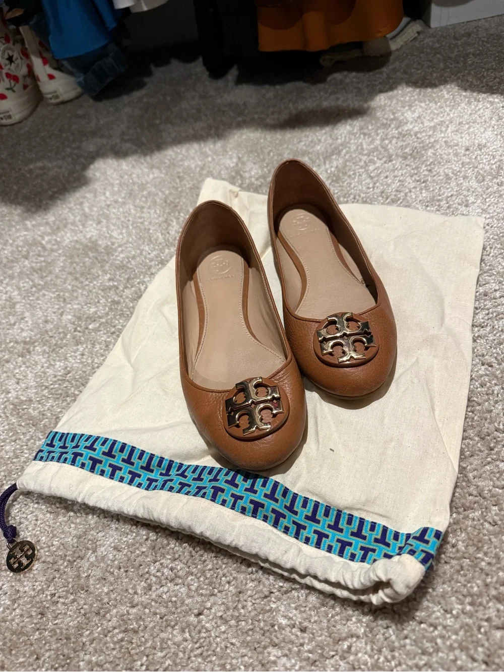 Tory Burch Brown Leather Logo Ballet Flats